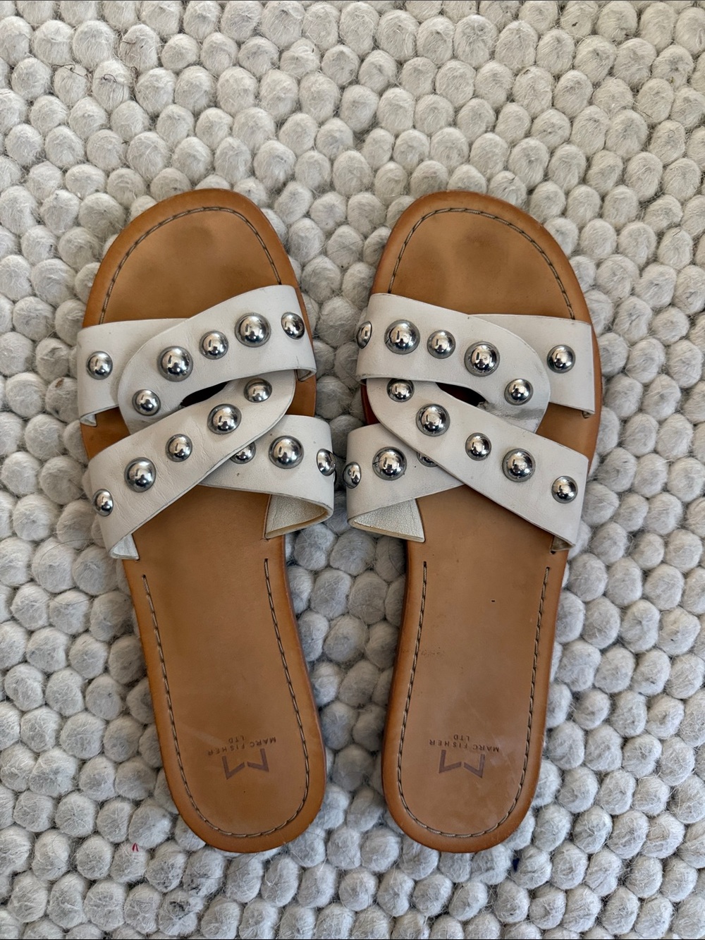 Mark Fisher White Leather Stud Slide Sandals